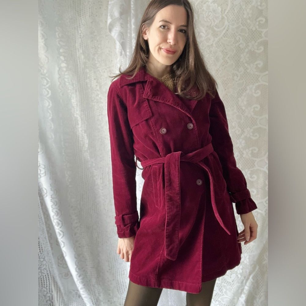 Vintage Burgundy Corduroy Trench Coat Kathy Ireland Belted Double Breasted